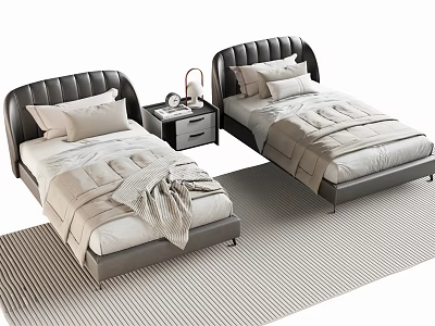 Single Beds With Black Leather Headboards Beige Bedding Nightstand Lamp Alarm Clock On Striped Rug 3d model