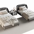 Single Beds With Black Leather Headboards Beige Bedding Nightstand Lamp Alarm Clock On Striped Rug