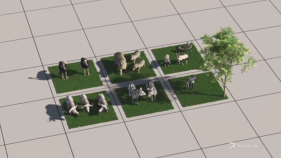 Various Reptiles Living in Grid Patterned Grassland Areas with Green Turf and Open Space 3d model 