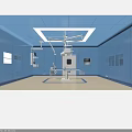 Clean Modern Operating Room With Blue Walls Ceiling Surgical Table And Medical Lights