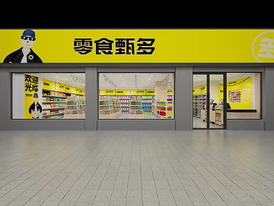 Shopping Mall Snack Store With Yellow Signage And Shelves Of Snacks 3d model