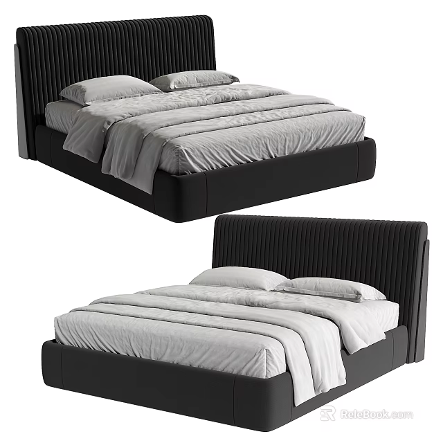 Modern Double Bed With Vertical Tufted Upholstered Headboard Black Frame And White Bedding 3d model