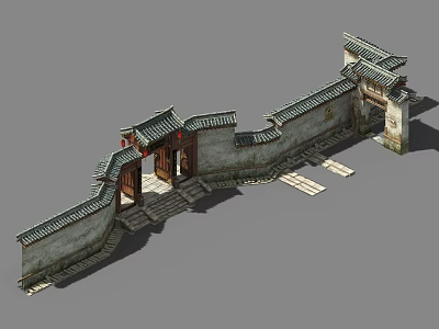 Traditional Chinese Architectural Exterior Wall With Gray Tile Roof Brick Structure And Door Openings 3d model