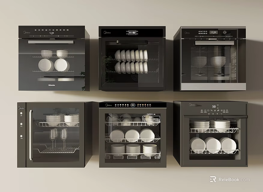 Modern Black Built in Kitchen Appliances Interior Showcasing Tableware And Dishes 3d model 