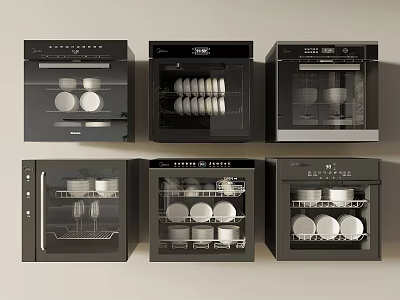 Modern Black Built in Kitchen Appliances Interior Showcasing Tableware And Dishes 3d model