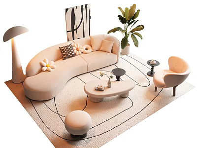 Beige Curved Sofa and Coffee Table Set with Decorative Pillows Oval Table and Area Rug 3d model