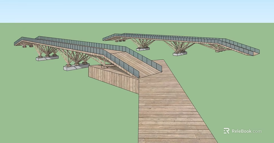 Scenic Landscape Bridge with Wooden Deck Curved Design and Pedestrian Walkway 3d model 
