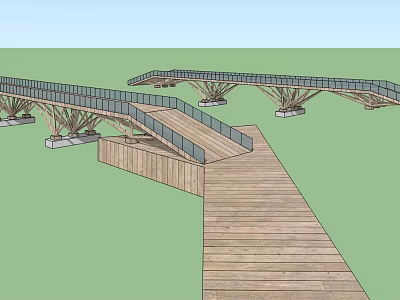 Scenic Landscape Bridge with Wooden Deck Curved Design and Pedestrian Walkway 3d model