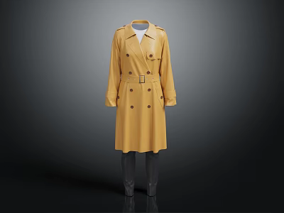 Stylish Yellow Double Breasted Belted Long Trench Coat Fashion Design 3d model