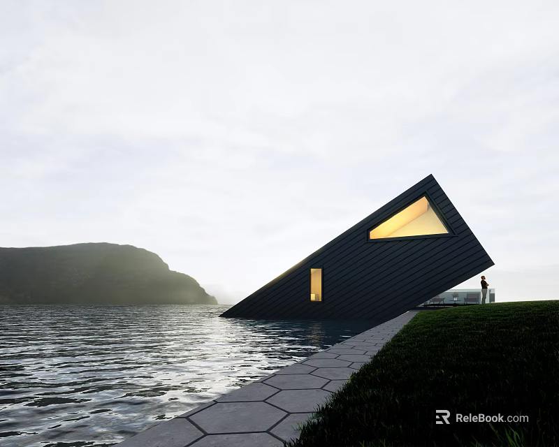 Black Slanted Detached Villa By Lakeside With Grassland Mountains And Lit Windows 3d model 