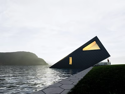Black Slanted Detached Villa By Lakeside With Grassland Mountains And Lit Windows 3d model