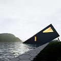 Black Slanted Detached Villa By Lakeside With Grassland Mountains And Lit Windows