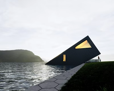 Black Slanted Detached Villa By Lakeside With Grassland Mountains And Lit Windows 3d model