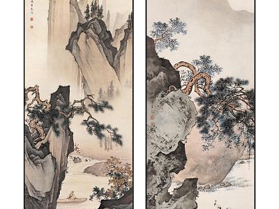 Chinese landscape painting artistic conception Zen mountain stone landscape pattern hanging painting combination model