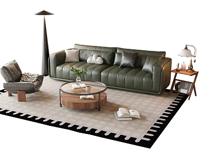 Stylish Green Leather Sofa with Pillows and Round Coffee Table Combination on Black White Rug 3d model