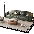 Stylish Green Leather Sofa with Pillows and Round Coffee Table Combination on Black White Rug