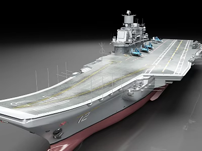 Modern Aircraft Carrier Warship With Flight Deck Fighter Jets Gray Hull And Red Bottom 3d model