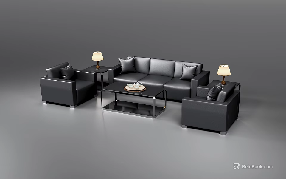 Modern Black Leather Sofa And Coffee Table Set With Armchairs And Table Lamps 3d model 
