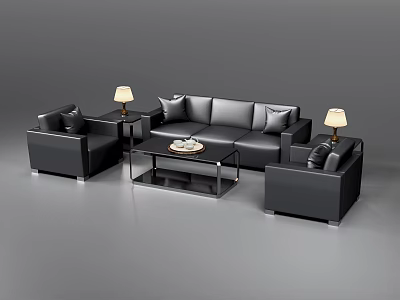 Modern Black Leather Sofa And Coffee Table Set With Armchairs And Table Lamps 3d model