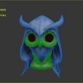 Cartoon Style Hooded Mask With Horns And Large Dark Eyes On Dark Background