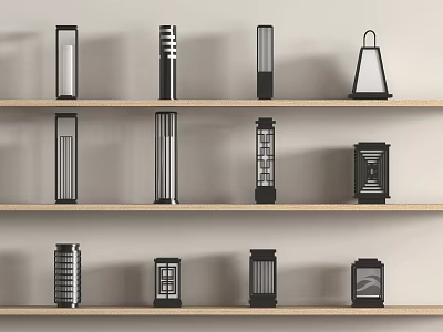 Various Designed Lanterns Displayed On Wooden Shelves With Different Styles 3d model