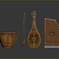 Traditional Wooden Musical Instruments With Carved Design And Red Drum Head On Black Background