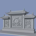 Traditional Architectural Exterior Wall with Carved Patterns and Green Tiled Roof Symmetrical Design
