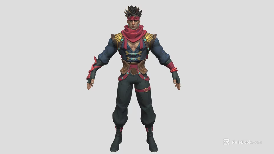 Man With Spiked Hair And Red Scarf In Blue Black Combat Outfit With Armor Details 3d model 