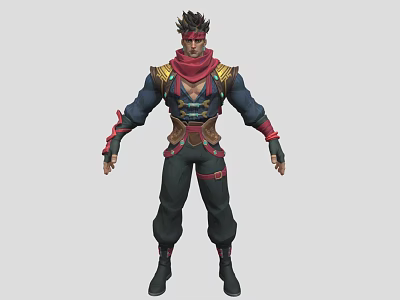 Man With Spiked Hair And Red Scarf In Blue Black Combat Outfit With Armor Details 3d model