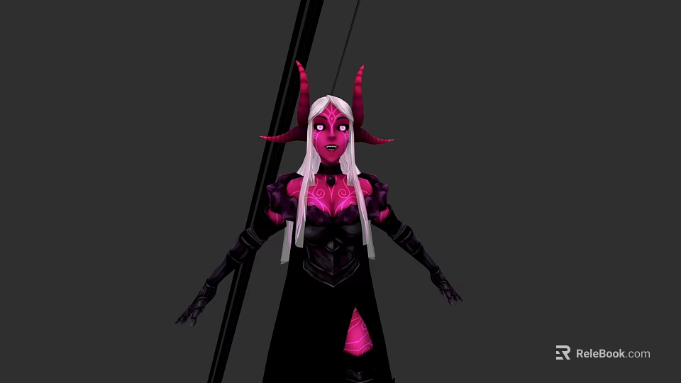 Woman With Pink Horns Long White Hair Pink Face And Black Pink Outfit 3d model 
