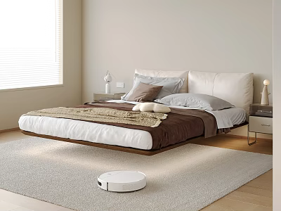 Double Bed in Modern Minimalist Bedroom with Bedside Tables Table Lamps and Robot Vacuum Cleaner 3d model