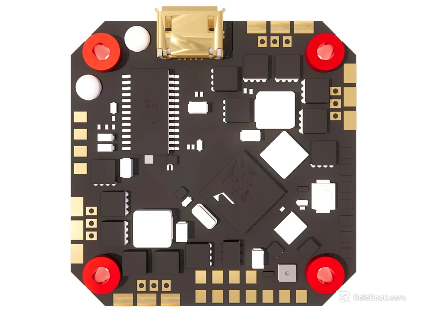 Black Electronic Circuit Board With Gold Contacts And Red Knobs Components 3d model