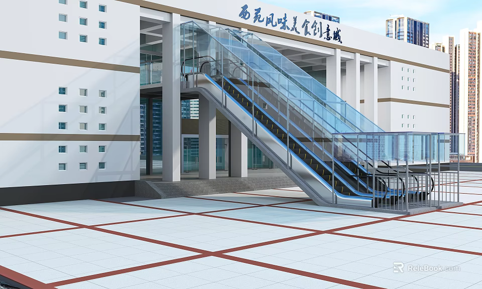 Modern Commercial Complex Exterior With Glass Escalator And Entrance Plaza 3d model 