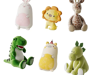 Cute Stuffed Animal Plush Toys Rabbit Lion Giraffe Dinosaur Pig Designs For Kids 3d model