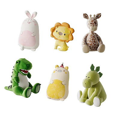 Cute Stuffed Animal Plush Toys Rabbit Lion Giraffe Dinosaur Pig Designs For Kids 3d model