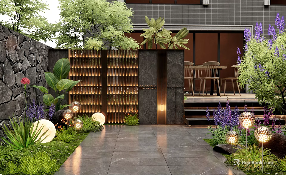 Lush Garden Entrance Featuring Stone Wall Wooden Lattice Gate Steps Spherical Lights And Purple Flowers 3d model 