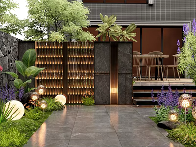Lush Garden Entrance Featuring Stone Wall Wooden Lattice Gate Steps Spherical Lights And Purple Flowers 3d model