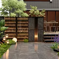 Lush Garden Entrance Featuring Stone Wall Wooden Lattice Gate Steps Spherical Lights And Purple Flowers