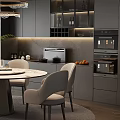 Modern Restaurant Interior With Round Dining Table Chairs Chandelier Grey Cabinets And Natural Light