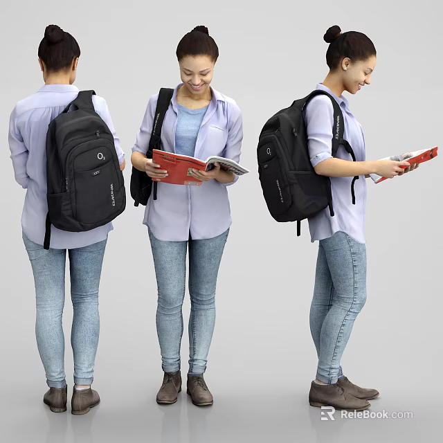 Woman Carrying Black Backpack Reading Red Book In Casual Shirt And Jeans 3d model 