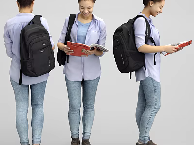 Woman Carrying Black Backpack Reading Red Book In Casual Shirt And Jeans 3d model