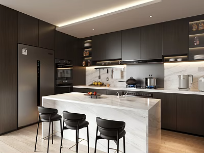 Modern Kitchen Interior Design With Dark Cabinets White Marble Island And Black Bar Stools 3d model