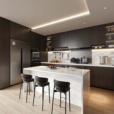 Modern Kitchen Interior Design With Dark Cabinets White Marble Island And Black Bar Stools 3d model