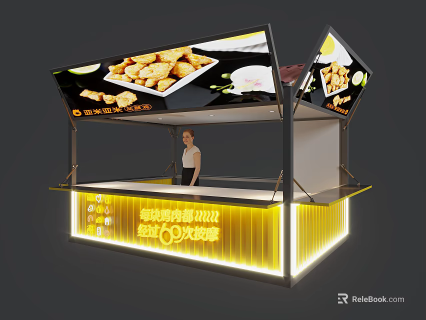 Modern Food Kiosk With Large Screens Showing Fried Chicken Burgers And Classic Flavors 3d model 