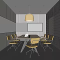 Modern Conference Room Interior Design With Wooden Table Chairs Pendant Light And Large Screen