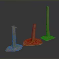 Three Wooden Stumps With Stone Bases And Green Moss Against Gray Background
