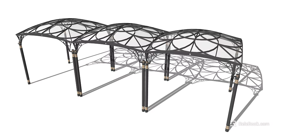 Elegant Pergola With Arched Glass Roof Black Metal Frame And Decorative Patterns 3d model 