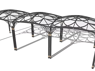 Elegant Pergola With Arched Glass Roof Black Metal Frame And Decorative Patterns 3d model