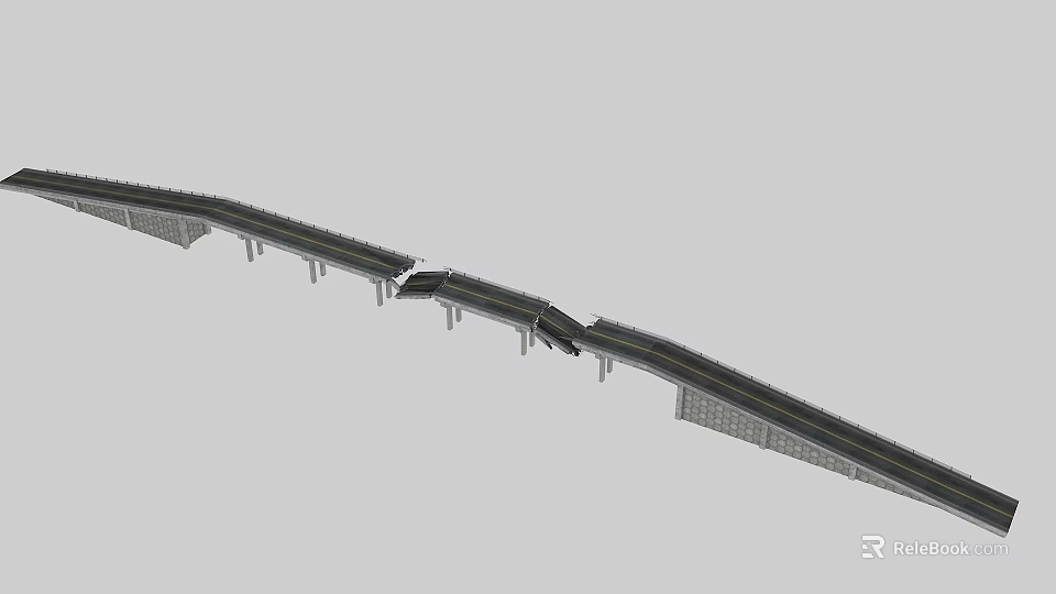 Collapsed Highway Bridge Structure With Broken Road Sections And Damaged Piers 3d model 