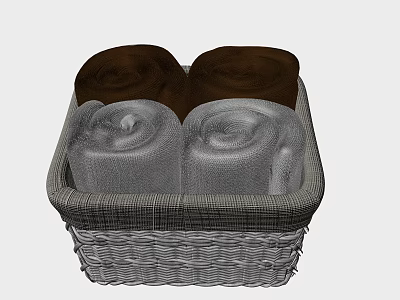 Four Brown and Gray Rolled Towels in Woven Basket Neatly Arranged 3d model